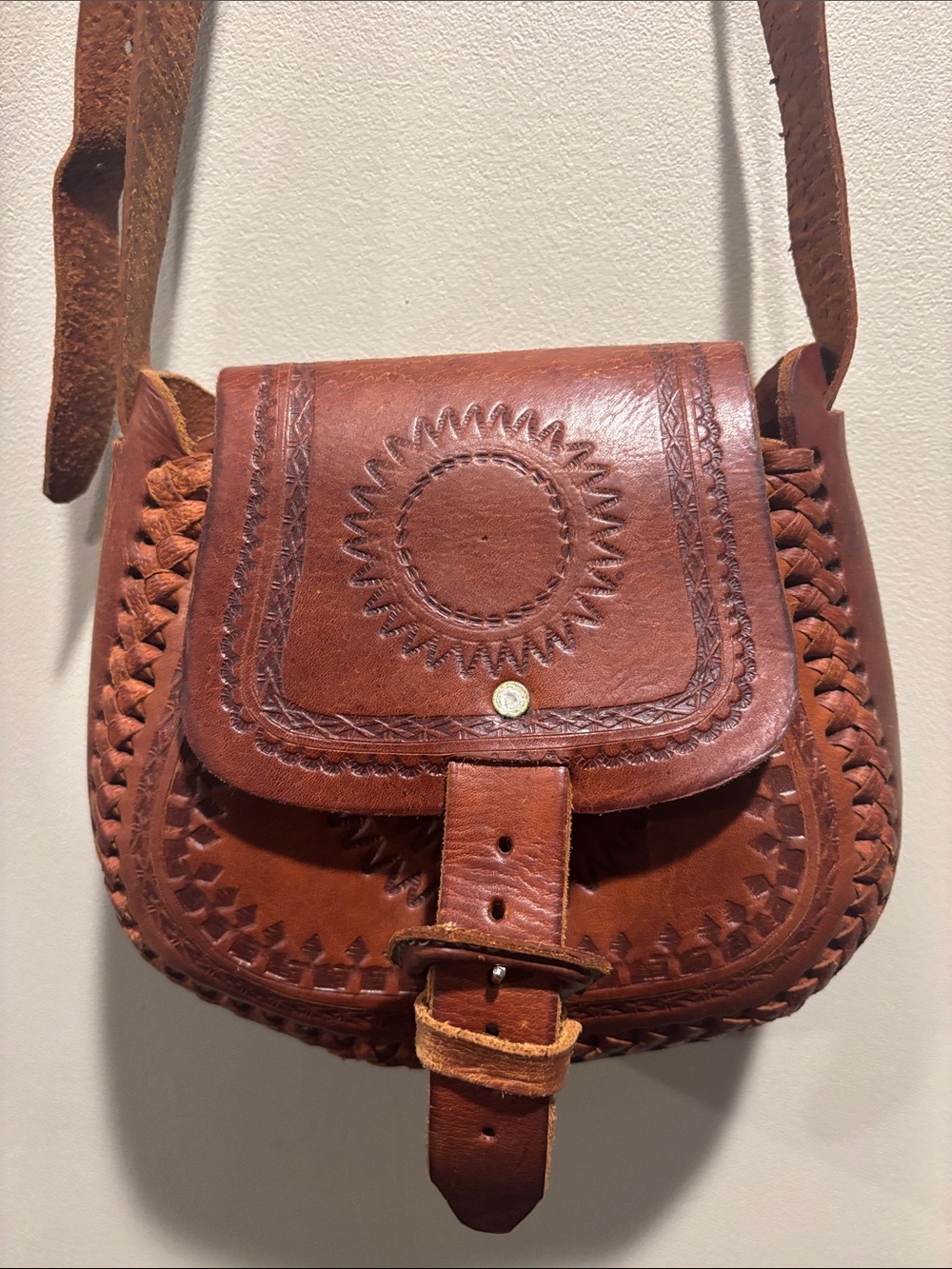 Sun Design Hand-Tooled Brown Leather Crossbody Bag